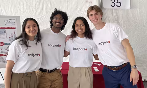 The FADpad team at Capstone Design Expo wearing T-shirts with their FADpad logo. From left, Netra Gandhi, Girish Hari, Rhea Prem, and Ethan Damiani. (Photo Courtesy: FADpad)