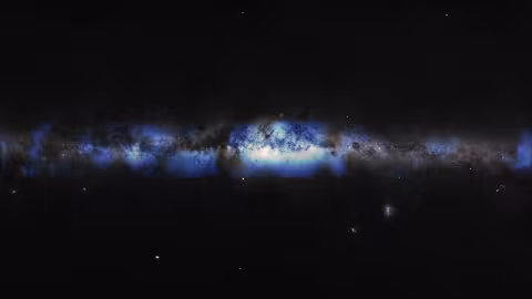 An artist’s composition of the Milky Way seen with a neutrino lens (blue).