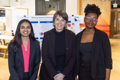 Pamela Pollet of the School of Chemistry (middle) with students Diya Godavarti and Waynell Simbafo; Pollet along with Jenny Houlroyd of Safety, Health, Environmental Services received a grant for the project "Chemical Equity Initiative".