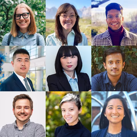 Collage of nine headshot portraits arranged in a three-by-three grid. The portraits show individuals photographed from the shoulders up in a variety of indoor and outdoor settings, including office spaces, landscaped outdoor areas, and neutral backgrounds, with professional or business-casual attire. The images are evenly spaced and presented in a consistent square format with varied background colors and lighting conditions.