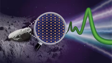 A figure showing moon rocks, a magnifying glass showing the internal structure, with a green wavy line emitting from the rock.